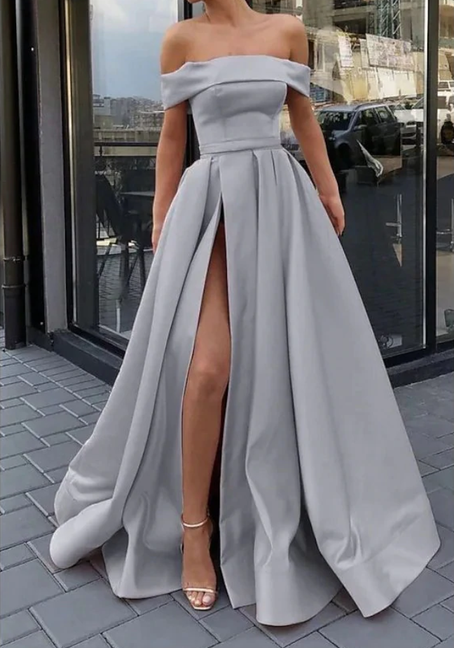 Off the Shoulder Champagne High Slit Prom Dresses, Off Shoulder Champagne Long Formal Evening Dresses,DS1669