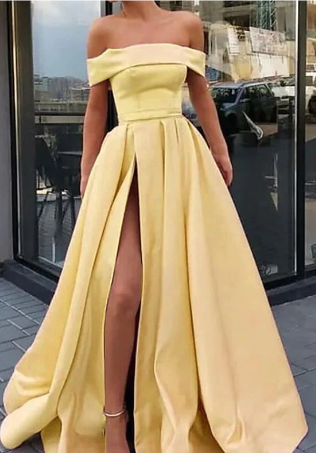 Off the Shoulder Champagne High Slit Prom Dresses, Off Shoulder Champagne Long Formal Evening Dresses,DS1669