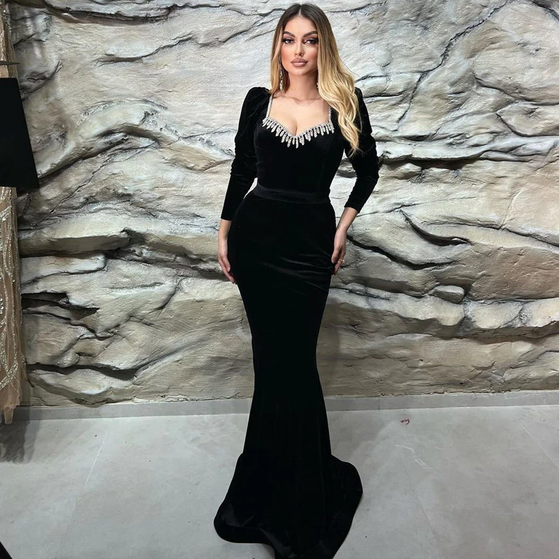 Soft Velvet Black Mermaid Dresses Evening for Women 2022 Square Neck Beaded Long Sleeves Vestidos De Novia Trumpet Prom Gowns,LW011