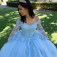 Quinceanera Dresses V Neck Beaded Lace Applique Sweet 16 Girls' Prom Party Formal Banquet Wear Long Sleeves Princess Tulle,LW024