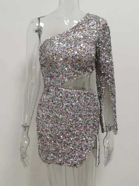 One Shoulder Glitter Sequin Mini Dress,DS4615