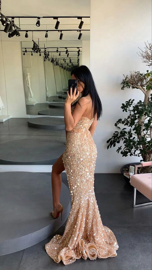 Gold engagement dress spaghetti straps prom dress leg split sequins evening dress,ED5792