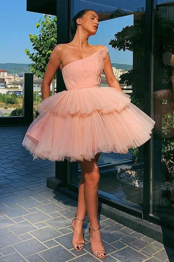 A Line One Shoulder Pink Tulle Cocktail Dresses With Layers Skirt, Homecoming Dress,EQ9669