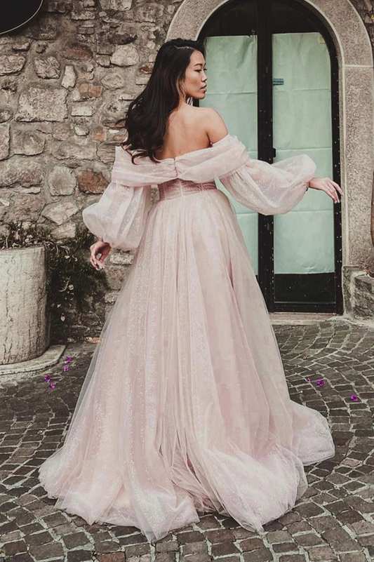 Pink tulle sequins long prom dress A line evening dress,WD5742