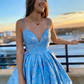 Lace-Up Back V-Neck Blue Long Prom Dress with Appliques,WD5750