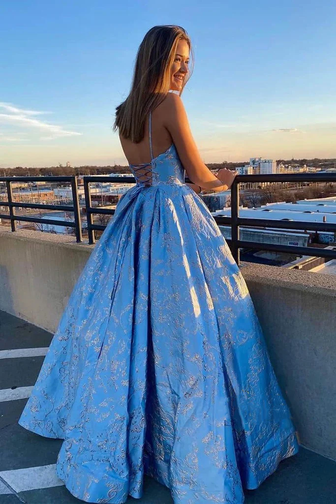 Lace-Up Back V-Neck Blue Long Prom Dress with Appliques,WD5750