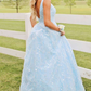 Princess Light Blue Lace V-Neck Backless A-Line Prom Gown,WD5763