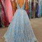 Princess Light Blue Lace V-Neck Backless A-Line Prom Gown,WD5763