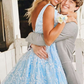 Princess Light Blue Lace V-Neck Backless A-Line Prom Gown,WD5763