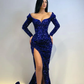 GLAMOROUS LONG SLEEVES SEQUINS MERMAID EVENING GOWNS SPLIT PROM DRESSES,DS9607