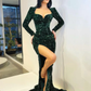 GLAMOROUS LONG SLEEVES SEQUINS MERMAID EVENING GOWNS SPLIT PROM DRESSES,DS9607