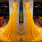 BRIGHT YELLOW LONG PROM DRESS MERMAID WITH SLIT,DS9598
