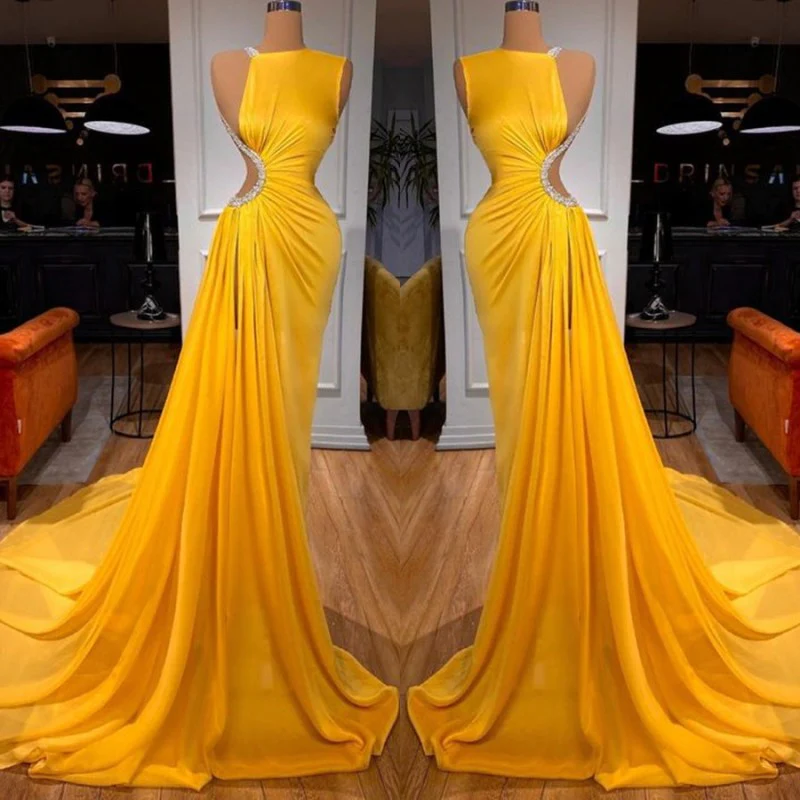 BRIGHT YELLOW LONG PROM DRESS MERMAID WITH SLIT,DS9598