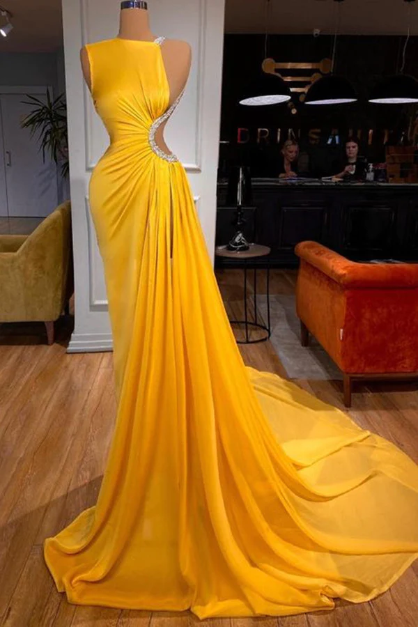 BRIGHT YELLOW LONG PROM DRESS MERMAID WITH SLIT,DS9598