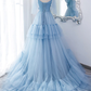 Blue tulle long prom dress A line evening dress,DS9595