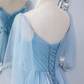 Blue tulle long prom dress A line evening dress,DS9595