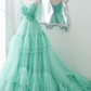 Blue tulle long prom dress A line evening dress,DS9595
