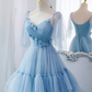 Blue tulle long prom dress A line evening dress,DS9595