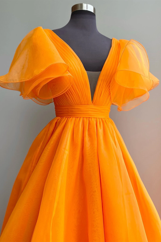 Orange A-line Long Formal Dress with Flutter Sleeves,DS9591