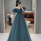 Blue tulle long prom dress A line evening dress,DS9589