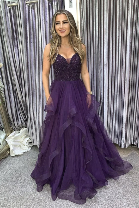 Fluffy A-line V neck Tulle Purple Formal Prom Dress with Beading,Party Dress,DS9584