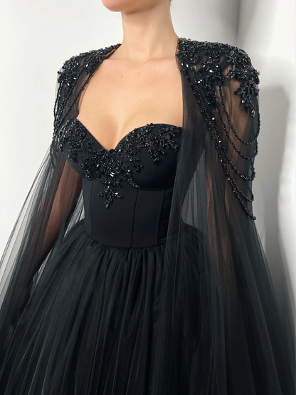 Black Gothic crystal beaded corset wedding tulle dress, elegant beaded alternive bride dress, long black cape,DS9582