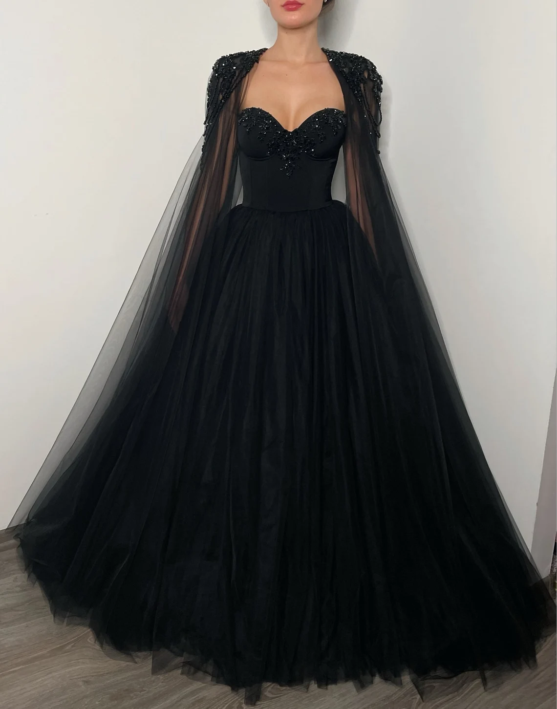 Black Gothic crystal beaded corset wedding tulle dress, elegant beaded alternive bride dress, long black cape,DS9582