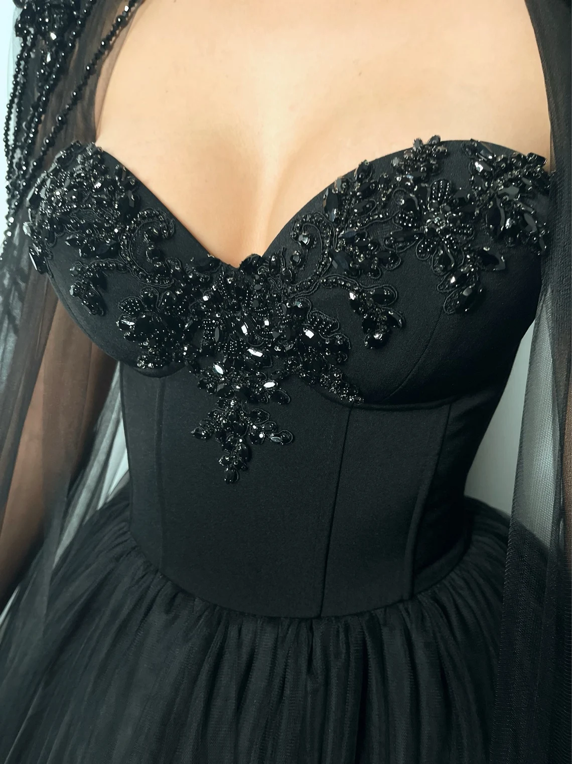 Black Gothic crystal beaded corset wedding tulle dress, elegant beaded alternive bride dress, long black cape,DS9582