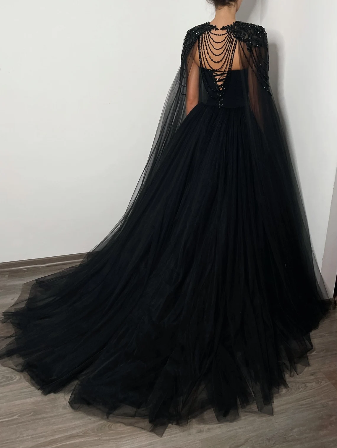 Black Gothic crystal beaded corset wedding tulle dress, elegant beaded alternive bride dress, long black cape,DS9582