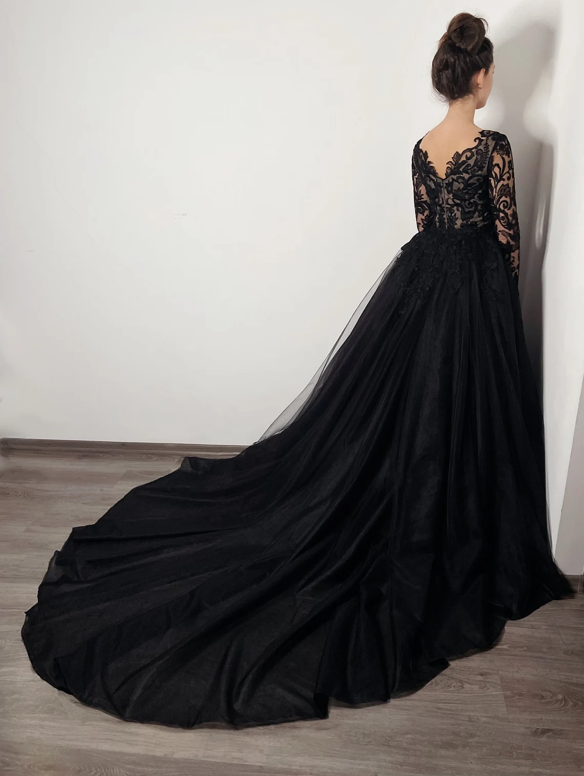 Gothic Black and Beige A line lace dress with a detachable tulle skirt,DS9581