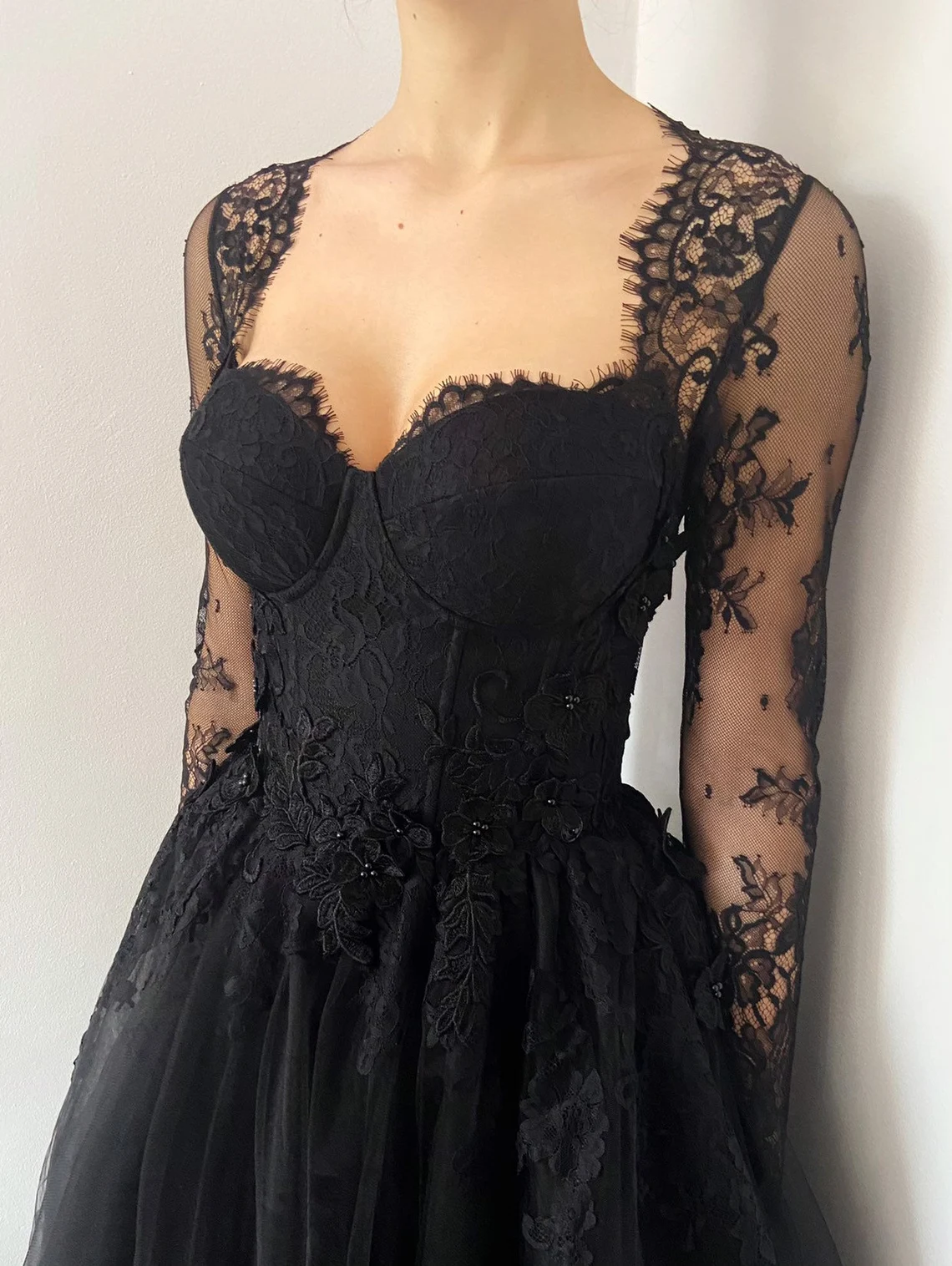 Black gothic corset wedding 3D lace floral tulle dress, alternative bride dress,DS9579