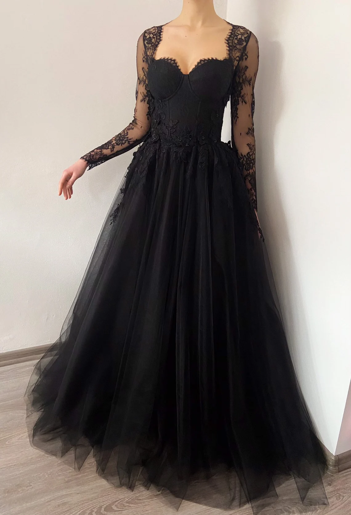 Black gothic corset wedding 3D lace floral tulle dress, alternative bride dress,DS9579