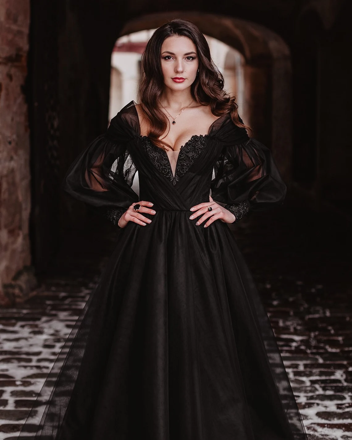 Black gothic tulle embroidery lace corset wedding gown, convertible dress with long sleeves, alternative wedding gown,DS9578