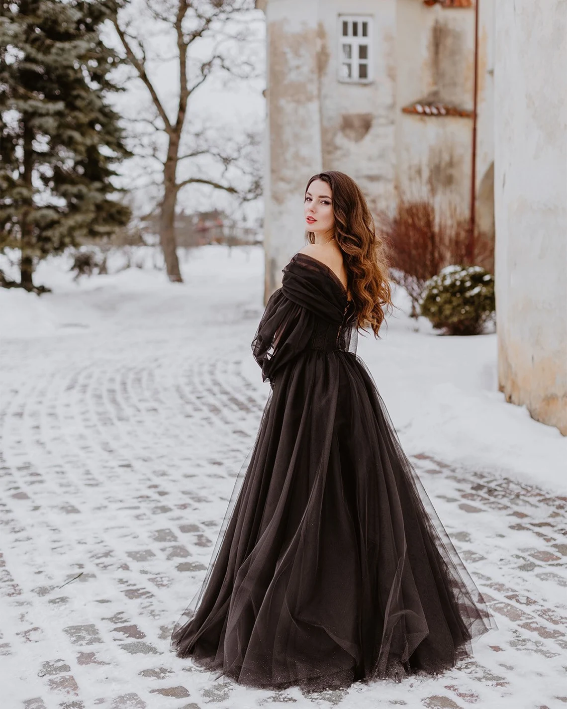 Black gothic tulle embroidery lace corset wedding gown, convertible dress with long sleeves, alternative wedding gown,DS9578