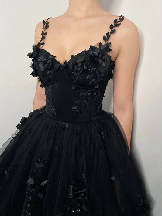 Black gothic sparkly 3D floral lace corset dress, alternative bride fantasy tulle train gown,DS9577