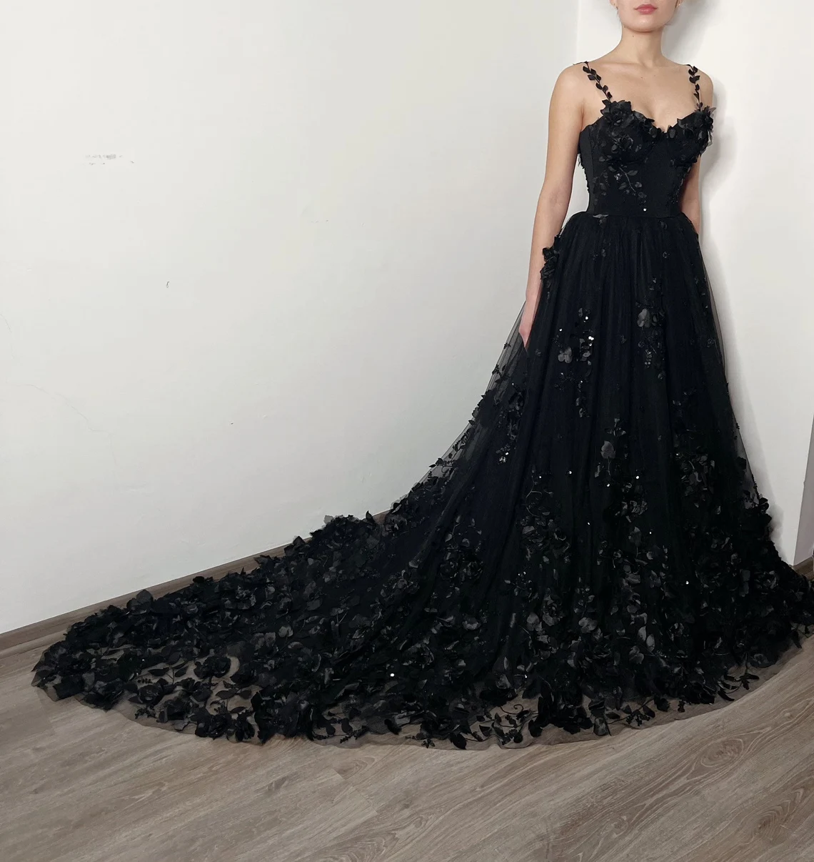 Black gothic sparkly 3D floral lace corset dress, alternative bride fantasy tulle train gown,DS9577