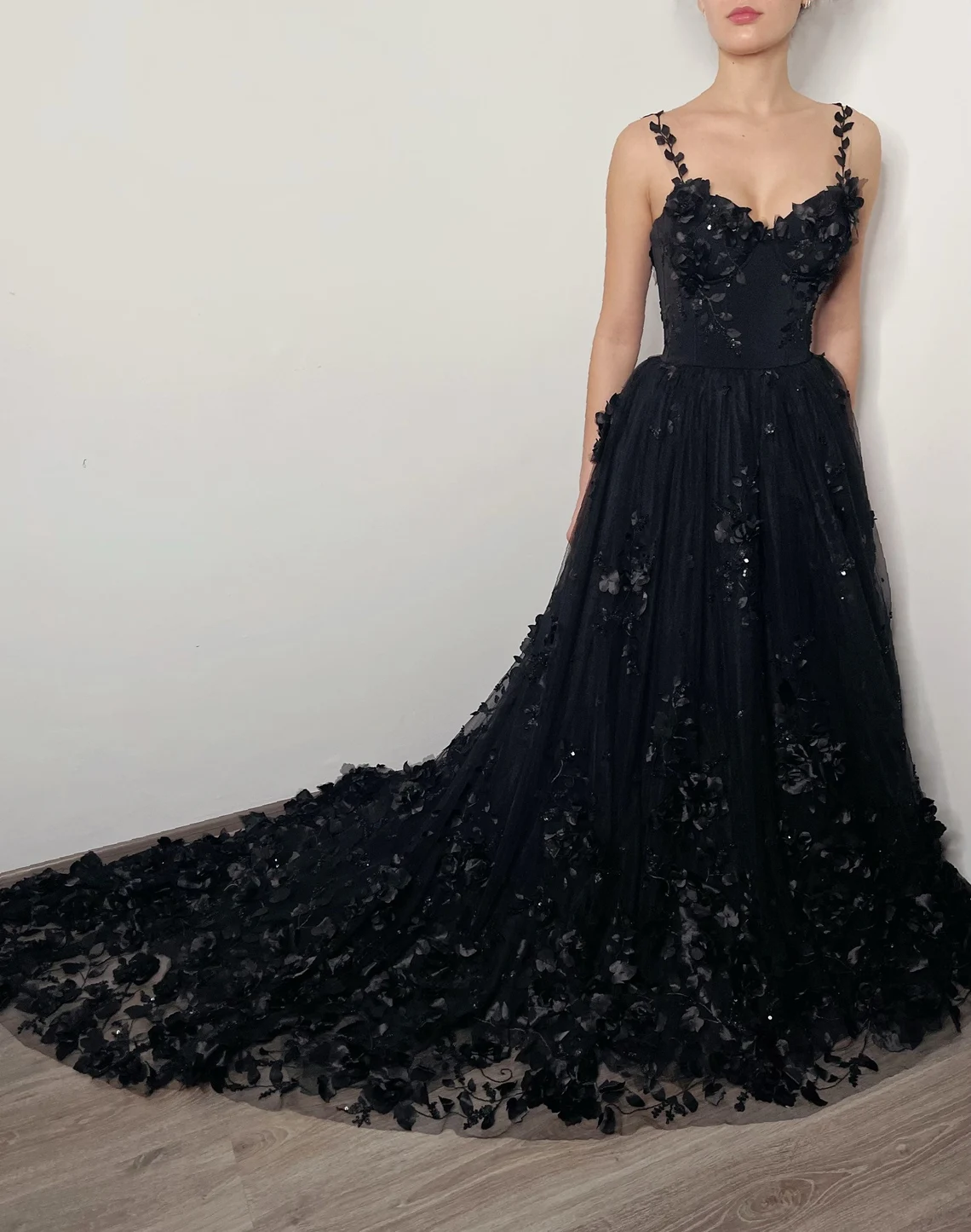 Black gothic sparkly 3D floral lace corset dress, alternative bride fantasy tulle train gown,DS9577