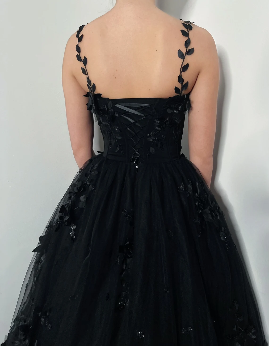 Black gothic sparkly 3D floral lace corset dress, alternative bride fantasy tulle train gown,DS9577