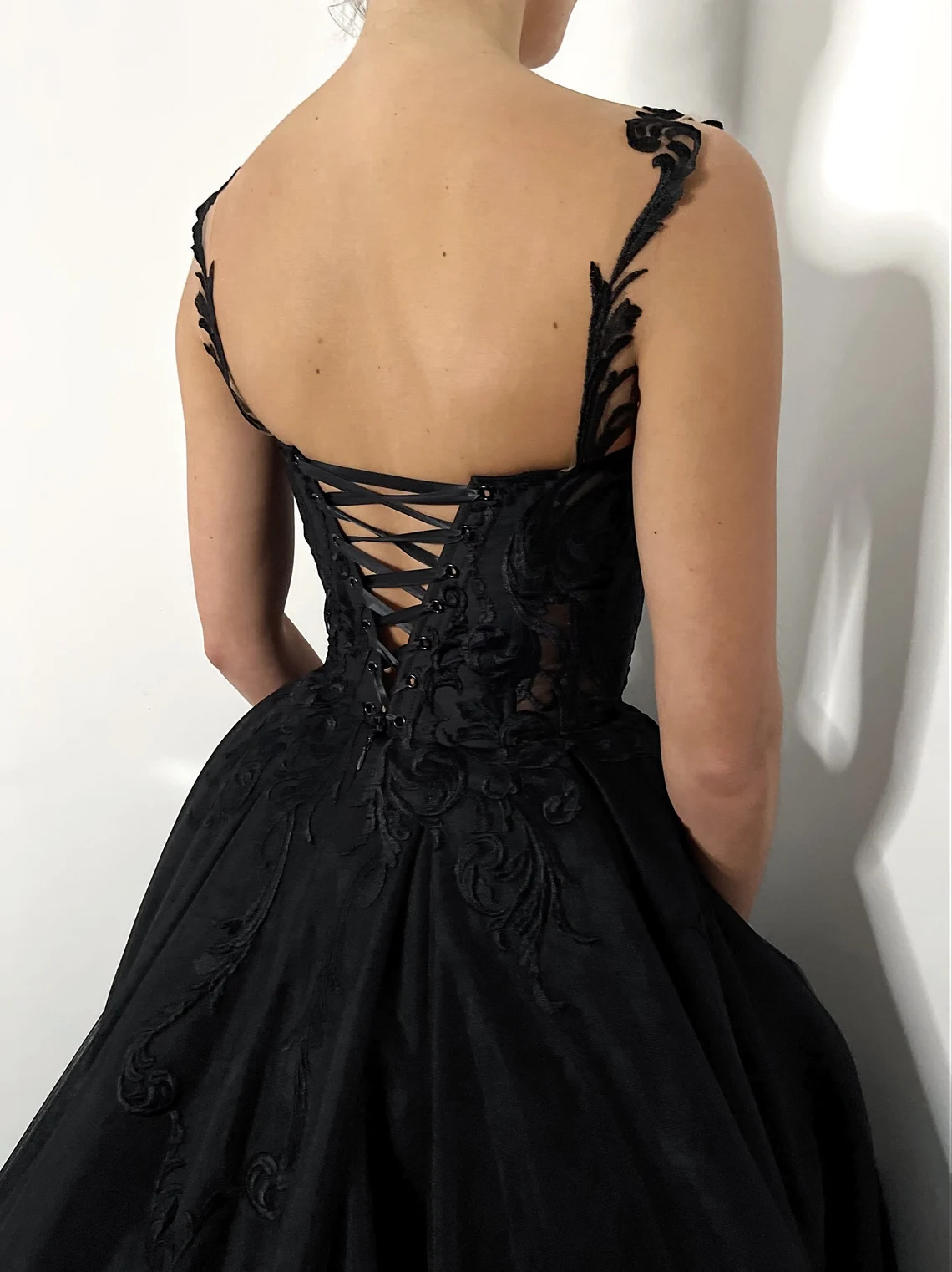 Black gothic lace corset strap wedding dress, long train alternative b DSProm Black gothic lace corset strap wedding dress, long train alternative b DSProm