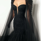 Black gothic beaded lace corset tulle mermaid wedding dress, alternative bride cape dress with a train,DS9575