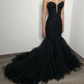 Black gothic beaded lace corset tulle mermaid wedding dress, alternative bride cape dress with a train,DS9575