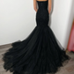 Black gothic beaded lace corset tulle mermaid wedding dress, alternative bride cape dress with a train,DS9575