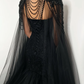 Black gothic beaded lace corset tulle mermaid wedding dress, alternative bride cape dress with a train,DS9575