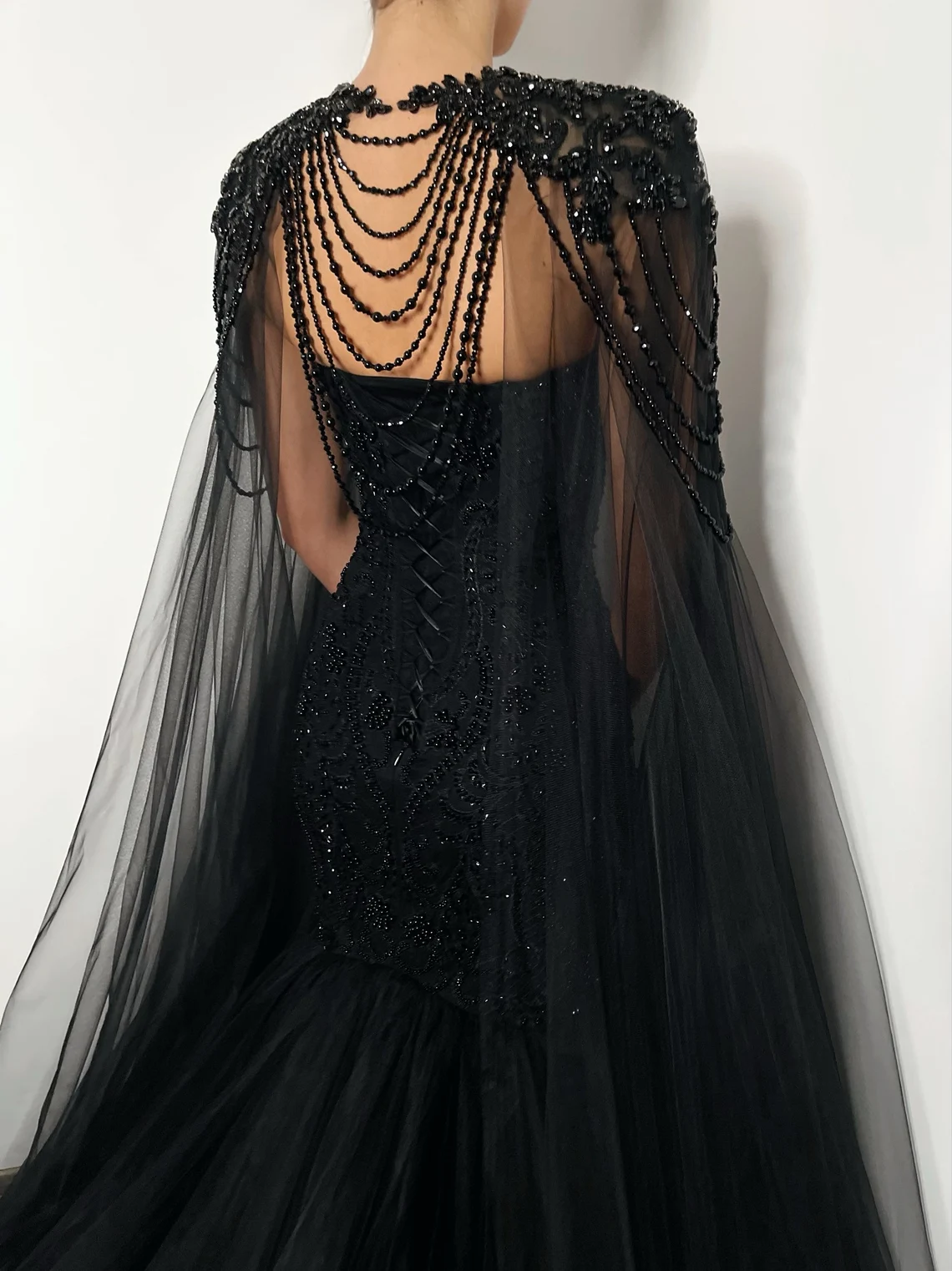 Black gothic beaded lace corset tulle mermaid wedding dress, alternative bride cape dress with a train,DS9575