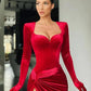 Robe de bal élégante rouge bordeaux à manches longues, décolleté en cœur, style sirène, fente latérale, CD3176