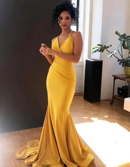 Sexy Gold Yellow Spaghetti Strap V-neck Mermaid Long Prom Dress,CD3175