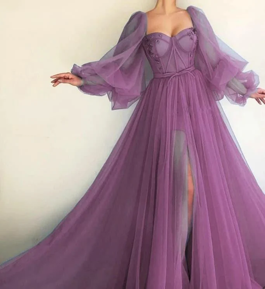 Long Puffy Sleeve Tulle Backless Prom Dress,CD3174