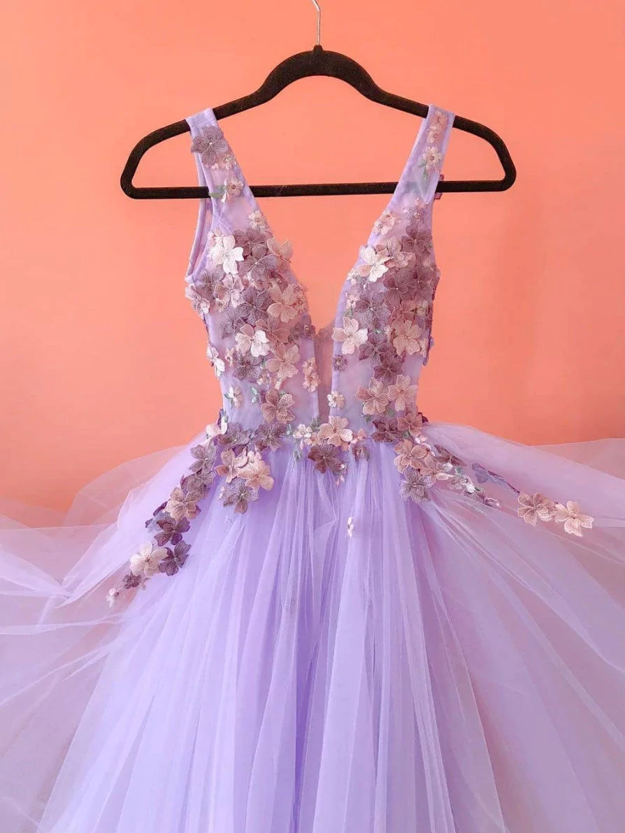 Purple tulle lace v neck long prom dress, purple evening dress,CD3169