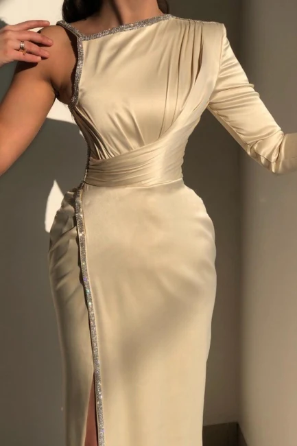 Elegant Ivory One-shoulder Long-Sleeve Sheath Prom Dresses with Sequins,CD3152