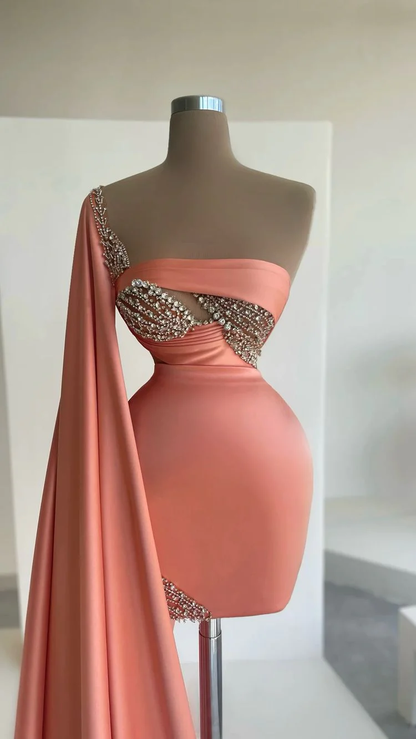 One Shoulder Pink Long Prom Dress,BD1490